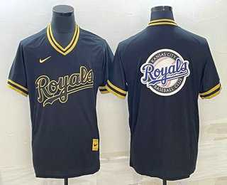Mens Kansas City Royals Big Logo Black Gold Nike Cooperstown Legend V Neck Jersey->kansas city royals->MLB Jersey